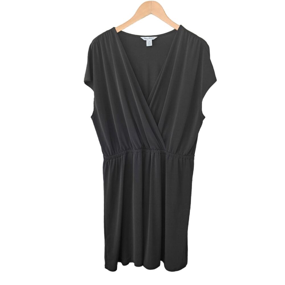 TOMMY BAHAMA Black Jersey V-neck Dress Size Large Faux Wrap Short Sleeve - Picture 2 of 9